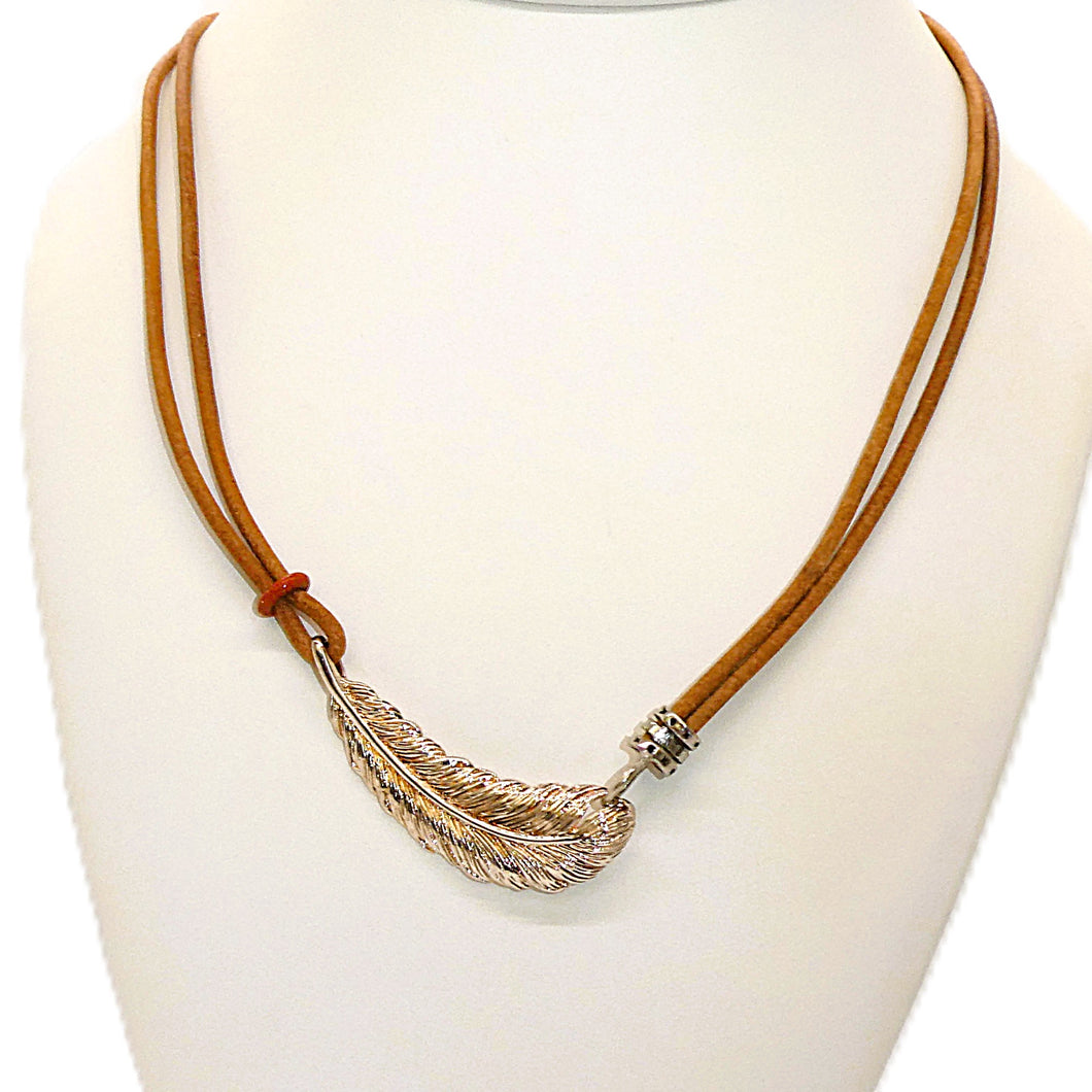 Smooth & nubuck leather cord & sterling silver feather necklaces