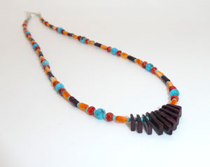 Turquoise, orange, purple, and red spiny oyster shell "fan" necklace