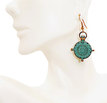Load image into Gallery viewer, Patina copper &quot;compass&quot; earrings with French wires
