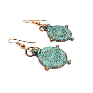 Patina copper "compass" earrings with French wires