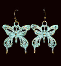 Load image into Gallery viewer, Patina bronze butterfly earrings with brass ear wires
