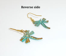 Load image into Gallery viewer, Patina brass lightweight dragonfly dangle earrings
