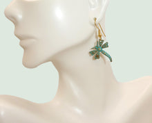 Load image into Gallery viewer, Patina brass lightweight dragonfly dangle earrings
