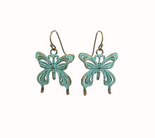 Load image into Gallery viewer, Patina bronze butterfly earrings with brass ear wires
