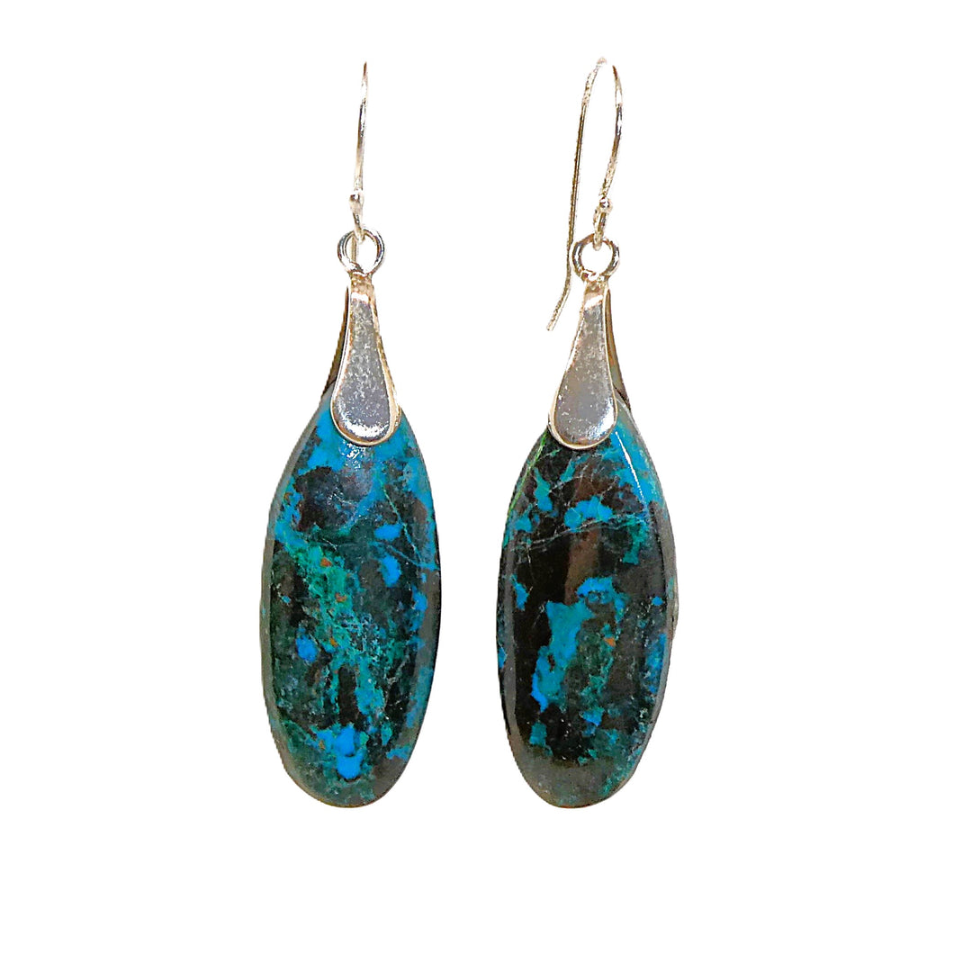 Long teardrop chrysocolla & sterling silver earrings with French wires