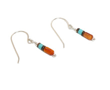 Load image into Gallery viewer, Red/orange spiny oyster shell, turquoise &amp; baby olive shell dangle earrings
