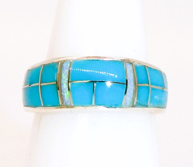 Turquoise & opal inlay band ring- size 6 - made in the USA