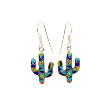 Load image into Gallery viewer, Multi-gemstone, opal &amp; sterling inlay cactus earrings with French wires (made in USA)
