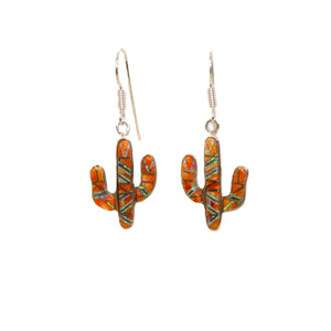 Spiny oyster shell, opal & sterling inlay cactus earrings with French wires (made in USA)