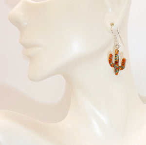 Spiny oyster shell, opal & sterling inlay cactus earrings with French wires (made in USA)
