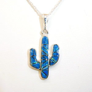 Denim lapis, opal & sterling inlay cactus pendant necklace (made in USA)