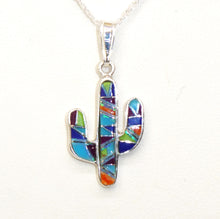Load image into Gallery viewer, Multi-gemstones, opal &amp; sterling inlay cactus necklace (made in USA)
