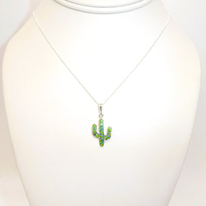 Gaspeite, opal & sterling inlay cactus pendant necklace (made in USA)