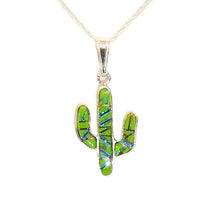 Load image into Gallery viewer, Gaspeite, opal &amp; sterling inlay cactus pendant necklace (made in USA)
