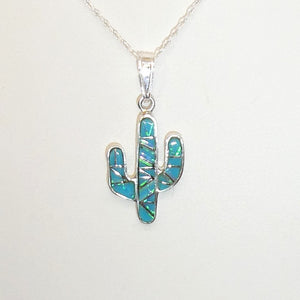 Turquoise, opal & sterling cactus pendant necklace (made in USA)