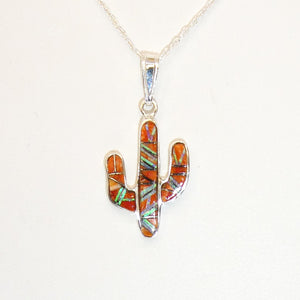 Spiny oyster shell, opal & sterling inlay cactus pendant necklace (made in USA)