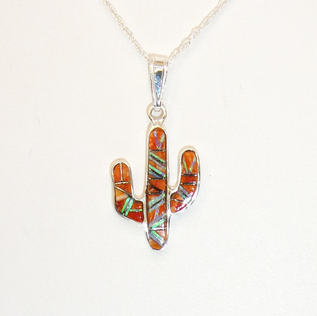 Spiny oyster shell, opal & sterling inlay cactus pendant necklace (made in USA)