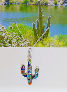 Multi-gemstones, opal & sterling inlay cactus necklace (made in USA)