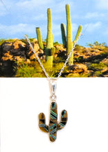 Load image into Gallery viewer, Tiger-eye, opal &amp; sterling inlay cactus pendant necklace (made in USA)
