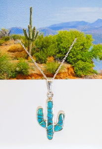Turquoise, opal & sterling cactus pendant necklace (made in USA)