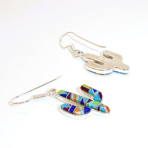 Multi-gemstone, opal & sterling inlay cactus earrings with French wires (made in USA)