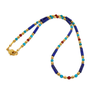Egyptian-style turquoise, carnelian, lapis, brass & gold necklace