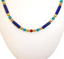Load image into Gallery viewer, Egyptian-style turquoise, carnelian, lapis, brass &amp; gold necklace
