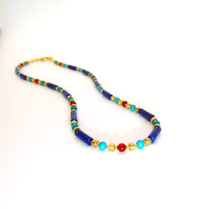 Egyptian-style turquoise, carnelian, lapis, brass & gold necklace
