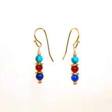 Load image into Gallery viewer, Egyptian-style turquoise, carnelian, lapis, brass &amp; gold-filled earrings (2 styles)
