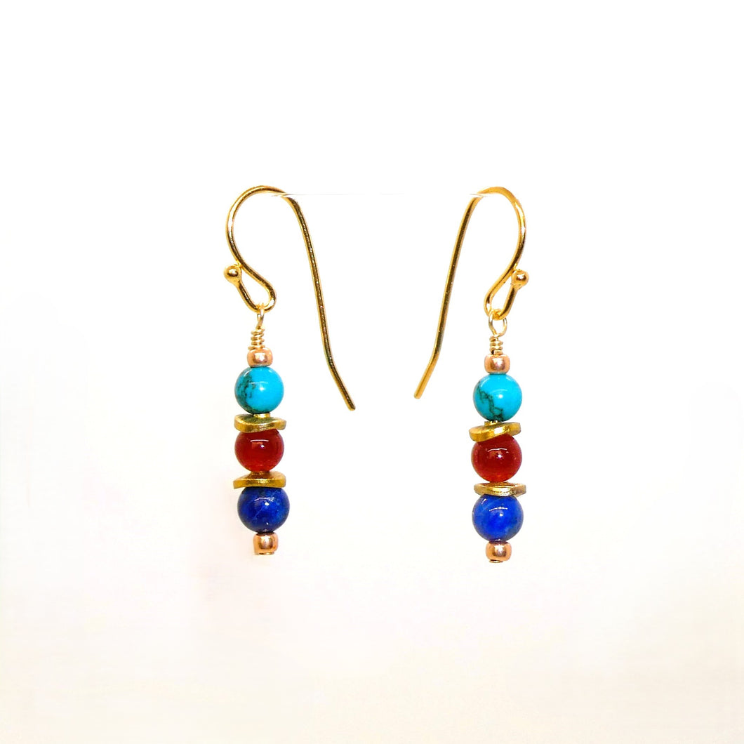 Egyptian-style turquoise, carnelian, lapis, brass & gold-filled earrings (2 styles)