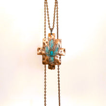 Load image into Gallery viewer, Large patina copper saguaro cactus pendant with turquoise on copper chain
