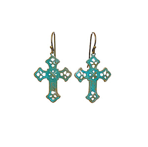 Patina brass filigree dangle cross earrings