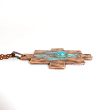 Load image into Gallery viewer, Large patina copper saguaro cactus pendant with turquoise on copper chain
