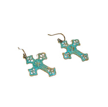 Load image into Gallery viewer, Patina brass filigree dangle cross earrings
