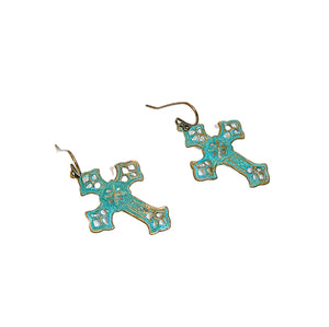 Patina brass filigree dangle cross earrings