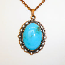 Load image into Gallery viewer, Large oval turquoise cabochon pendant necklaces in fancy copper
