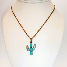 Load image into Gallery viewer, Turquoise &amp; patina copper saguaro cactus pendant necklace
