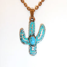Load image into Gallery viewer, Turquoise &amp; patina copper saguaro cactus pendant necklace
