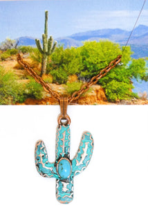 Turquoise & patina copper saguaro cactus pendant necklace