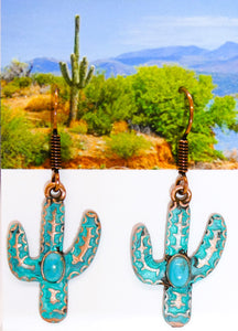 Turquoise & patina copper saguaro cactus earrings with copper French wires