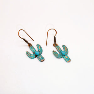Turquoise & patina copper saguaro cactus earrings with copper French wires
