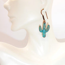 Load image into Gallery viewer, Turquoise &amp; patina copper saguaro cactus earrings with copper French wires
