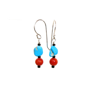 Sleeping Beauty turquoise & coral earrings with sterling French wires