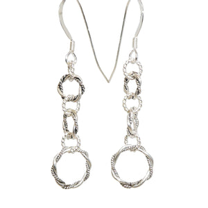 Long dangly fancy 3-hoop antiqued sterling silver earrings