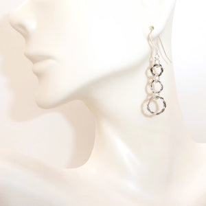 Long dangly fancy 3-hoop antiqued sterling silver earrings