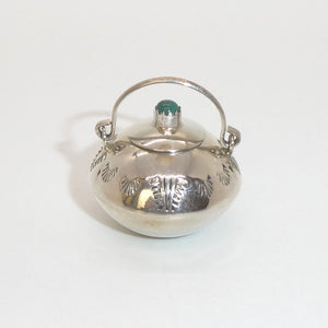 Miniature sterling pot with lid & turquoise - Navajo handmade