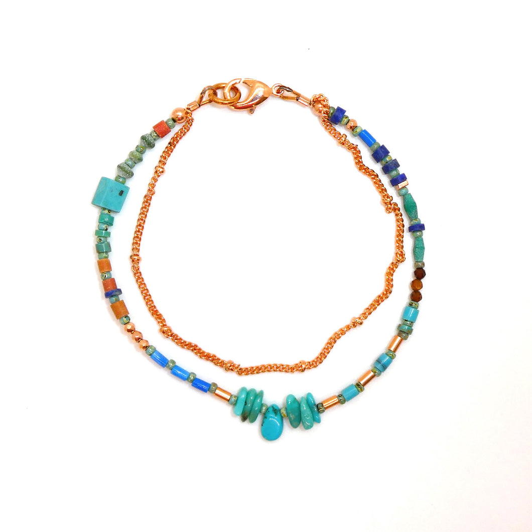 Double-strand turquoise & copper bracelet with chain (3 styles)