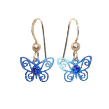 Load image into Gallery viewer, Small blue butterfly filigree earrings on sterling French wires (made in USA)
