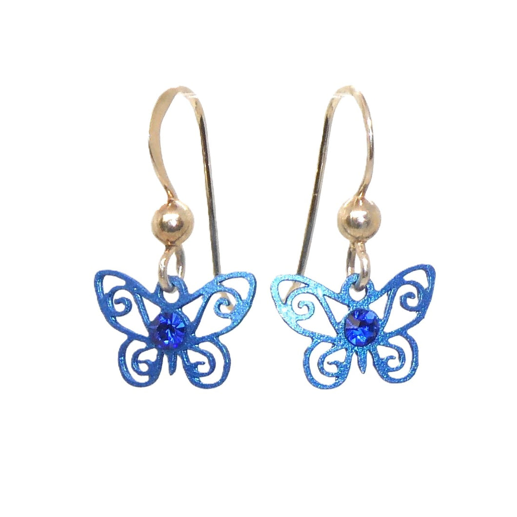 Small blue butterfly filigree earrings on sterling French wires (made in USA)
