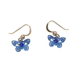 Small blue butterfly filigree earrings on sterling French wires (made in USA)